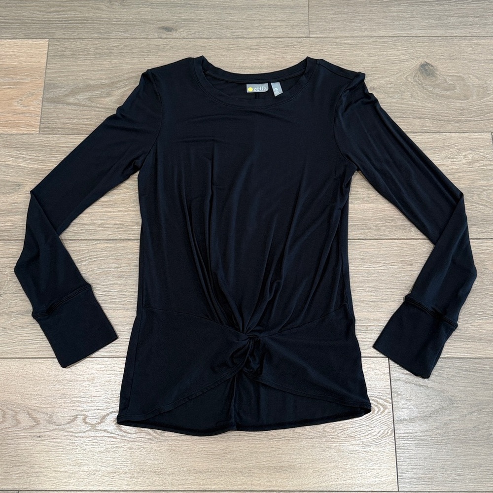 ZELLA Black Knot Twist Front Long Sleeve Active Casual‎ Soft T-Shirt Top Size XS